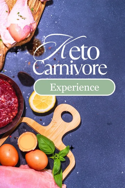 L'ebook della Keto Carnivore Experience: carne, uova, limone e basilico su un tavolo blu, con il titolo al centro