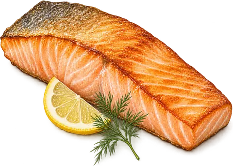 Un filetto di salmone rosolato con una fettina di limone e un piccolo rametto di aneto.