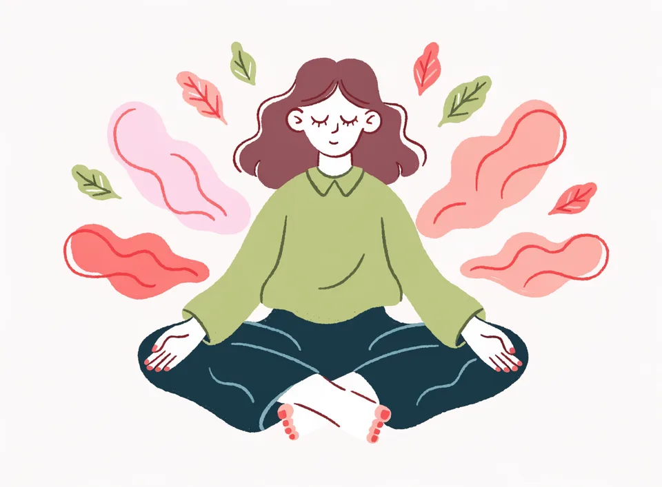 Illustrazione di una donna che medita a gambe incrociate, circondata da foglie