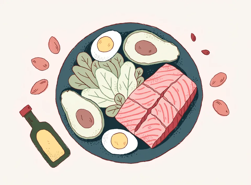 Illustrazione di un piatto low carb con salmone, verdure, avocado e uova